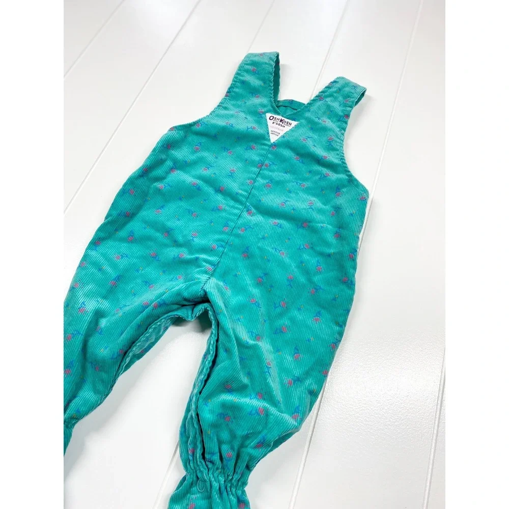Vintage Oshkosh BGosh Teal Floral Corduroy Footie Overalls,‎ Size 6-9 Months